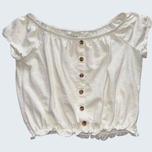 Mudd Womens Large White Off Shoulder Button Front Crop Top Elastic Hem Blouse